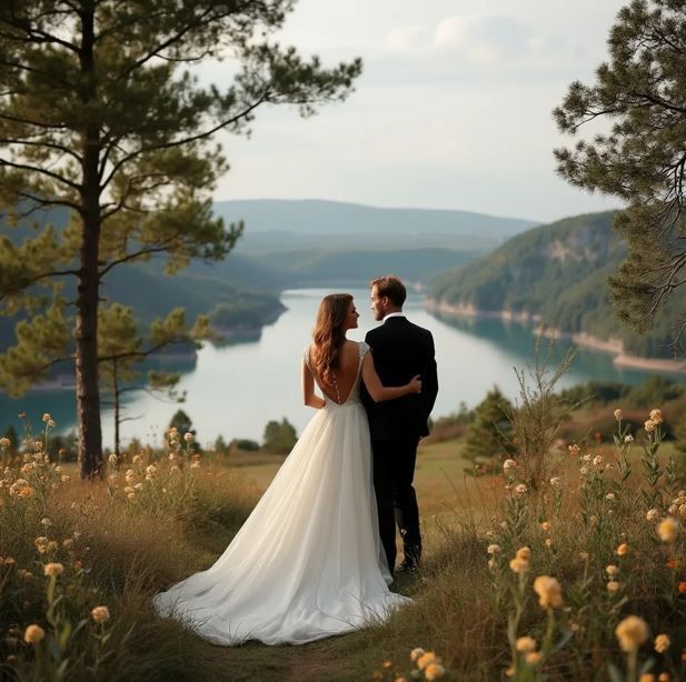 Bride and groom embracing while overlooking a scenic lake and mountains.