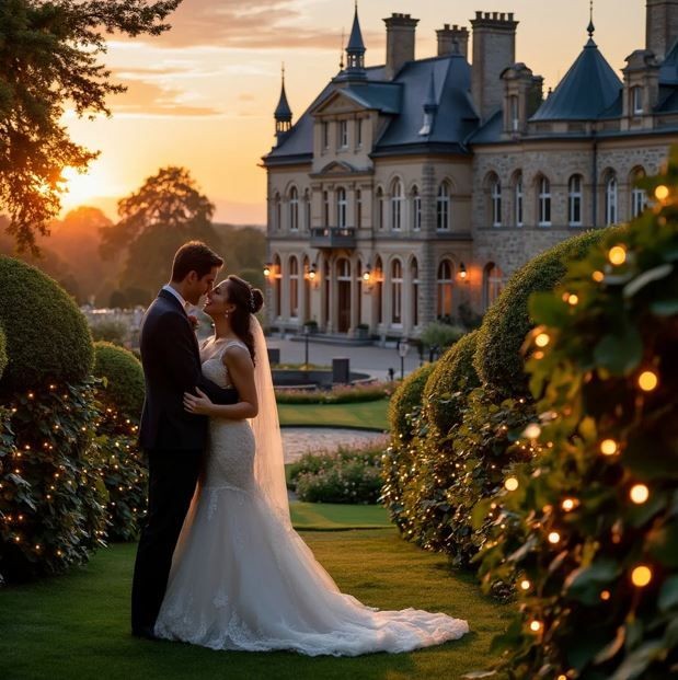 Couple in wedding attire embracing in garden near an elegant building at sunset.